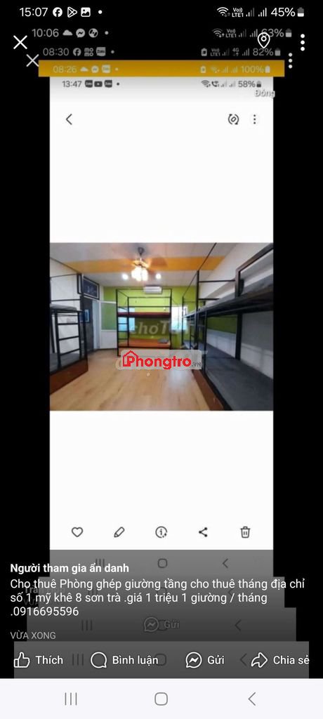 Phòng ghép giường tầng cho thuê tháng