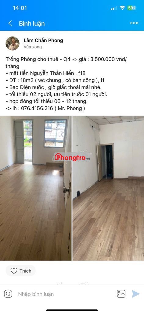 Trống phòng đường Nguyễn Thần Hiến, Q4