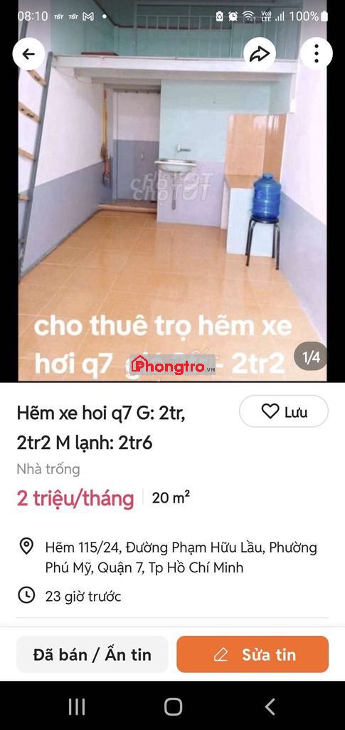 Cho thuê phòng trọ hẽm xe hơi q7