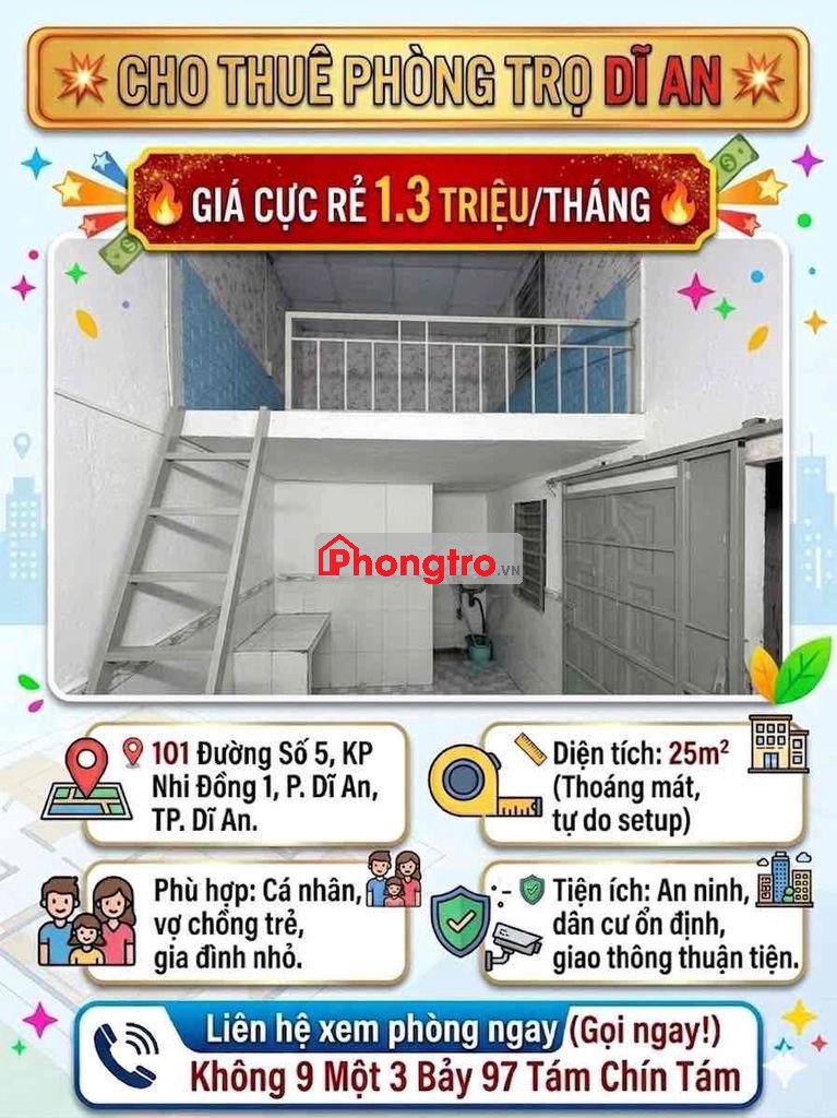 PHÒNG TRỌ DĨ AN 25M² CHỈ 1.3 TRIỆU – DỌN VÀO Ở NGAY