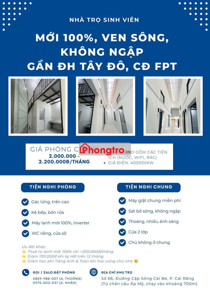 Trọ MỚI 100%, ven sông, không ngập gần đh tây đô, cđ fpt